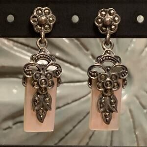 Sterling Silver, Mother of Pearl and Marcasite Dangle Earrings by HA Vintage